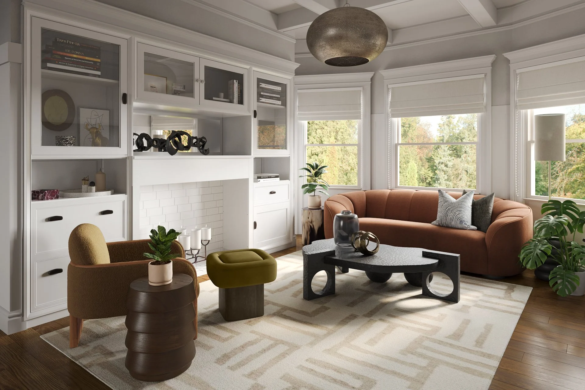 Assembled living room with built-in cabinetry and lounge furniture