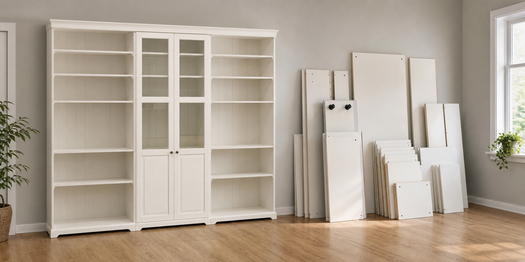 Large white furniture shown assembled and safely disassembled into panels for moving